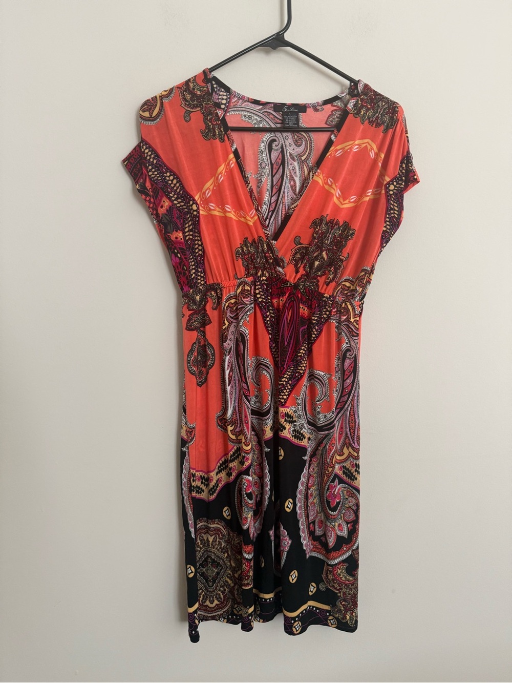 5th & Love Boho Paisley Faux Wrap Midi Dress Coral Pink Black Women’s Large - Picture 3 of 8